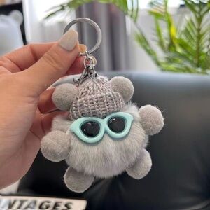 Cute Gray Plush Keychain with Blue Glasses